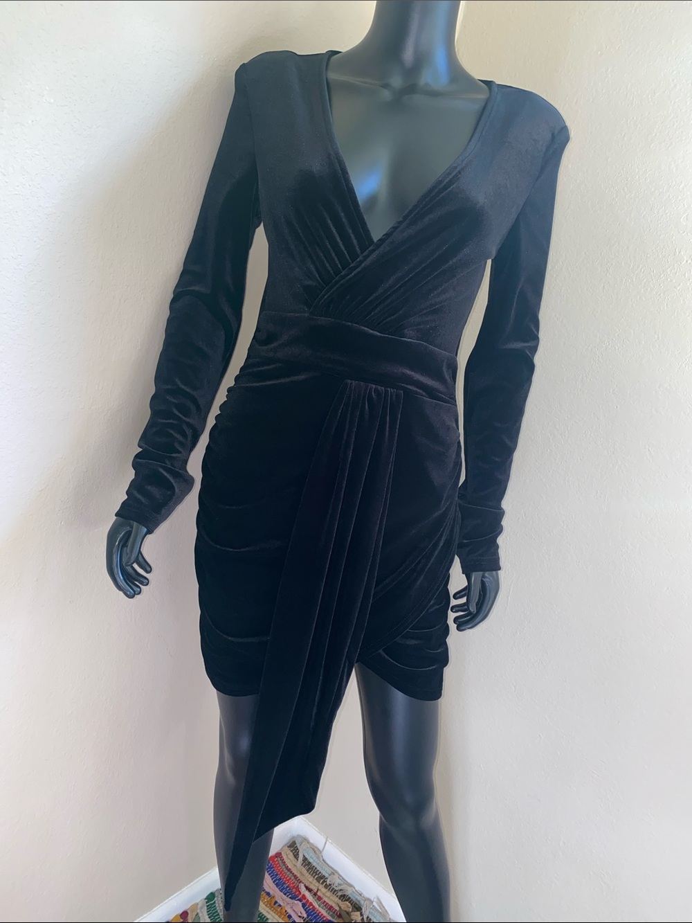 SHEIN Black Velvet Long Sleeve Wrap Dress